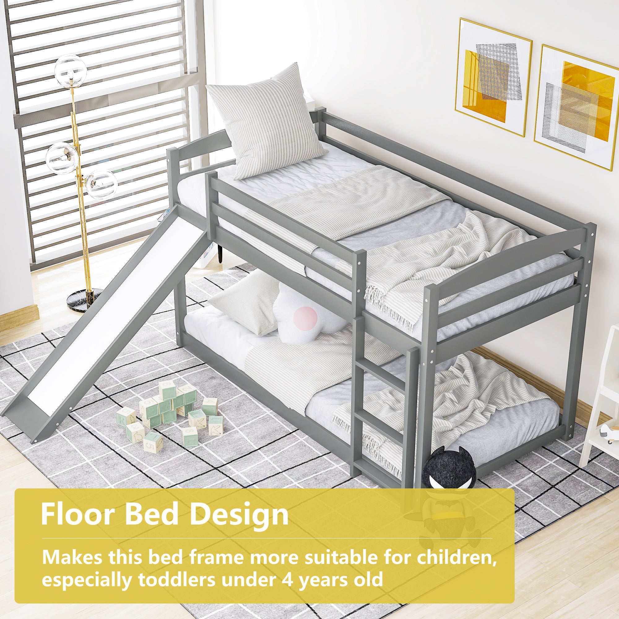 Floor Bunk Bed with Convertible Slide and Ladder, SESSLIFE Wood Bunk Beds with Guardrail for Boys Girls Toddlers, Gray Twin Over Twin Bunk Bed, Kids Floor Bunk Bed for Home Children’s Room, TE838