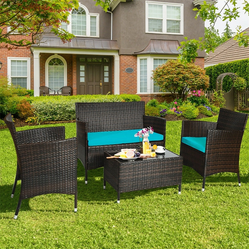 4 Pcs Rattan Wicker Patio Conversation Sets with Loveseat, Single Sofas, Coffe Table, Outdoor Bistro Set