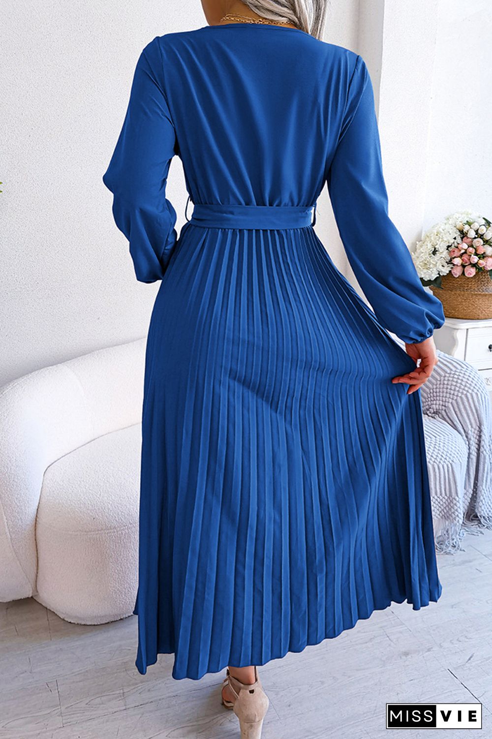 Plain Wrap V Neck Pleated Maxi Dress