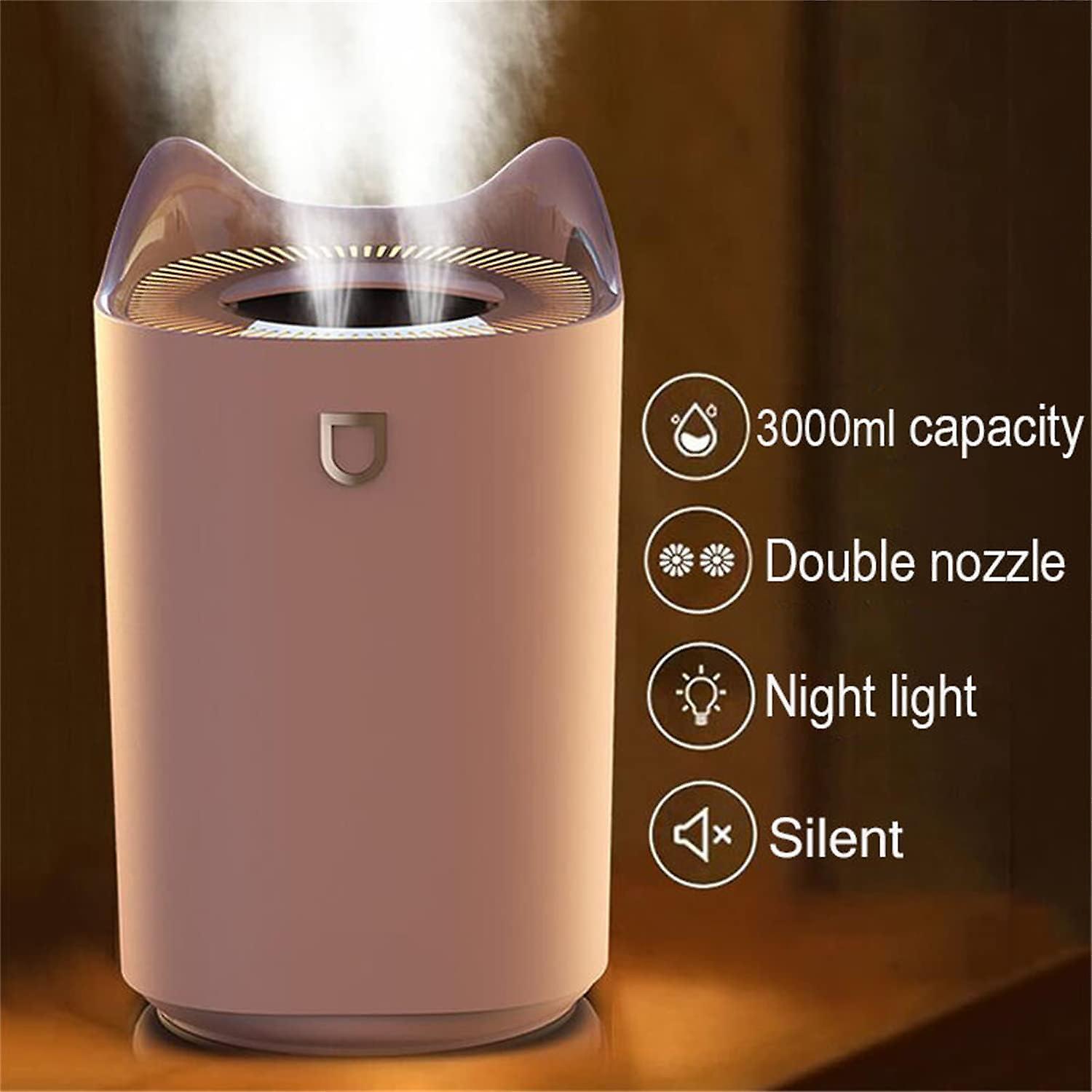 Ultrasonic Led Light Humidifier - Essential Oil Diffuser - Air Humidifier For Bedroom Or Car - 3000 Ml - Double Nozzle - Fresh Mist - Usb Humidifier -