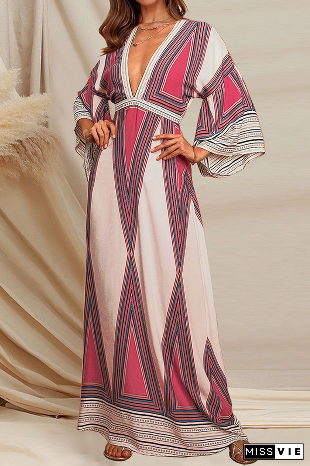 Deep V Neck Geometric Patterns Long Dress Wholesale