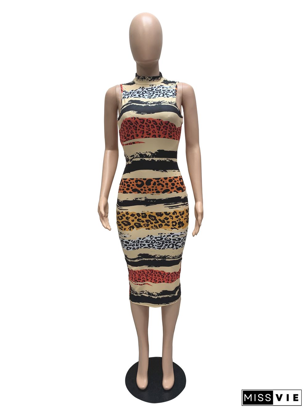 Sleeveless Leopard Print O-Neck Bodycon Pencil Dress