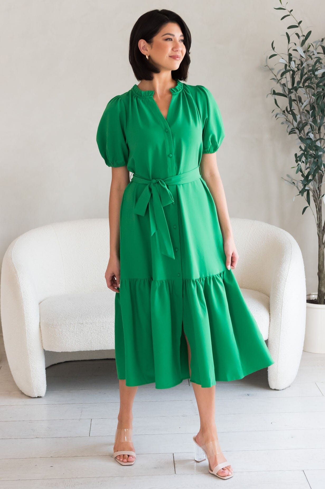 Alaska V-neck puff sleeve spring dress-vibrant green