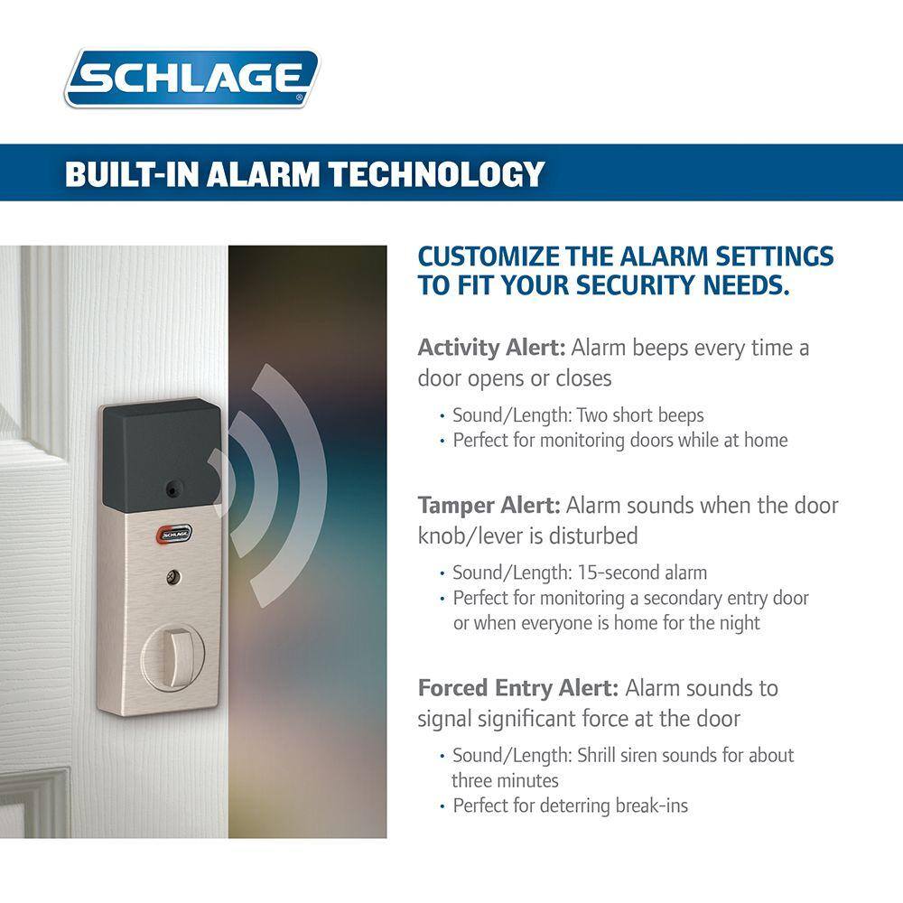 Schlage Century Satin Nickel Connect Smart Lock with Alarm and Latitude Lever Handleset BE469ZP V CEN619 + FE285 V LAT 619 CEN