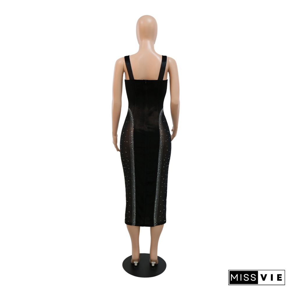 Sheer Mesh Hot Drill Velvet Midnight Bodycon Dress