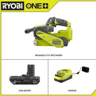 RYOBI ONE+ 18V Brushless Cordless 3 in. x 18 in. Belt Sander with Dust Bag 80-Grit Sanding Belt 2.0 Ah Battery and Charger P450-PSK005