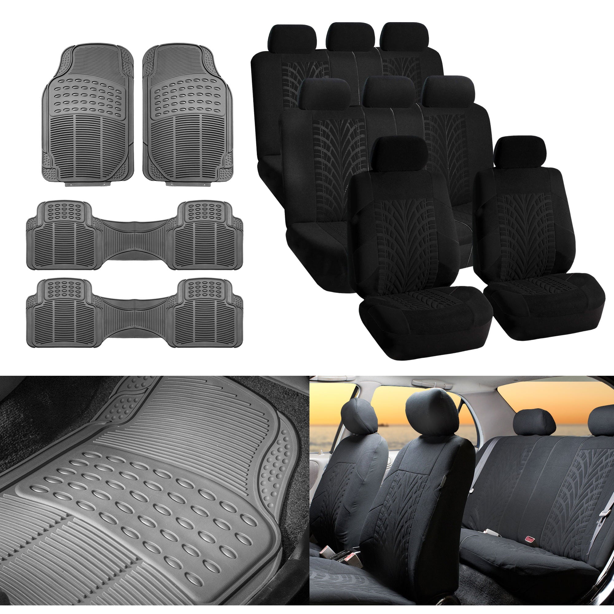 FH Group 3 Row SUV Van Seat Covers Black Combo w/ Gray Floor Mats