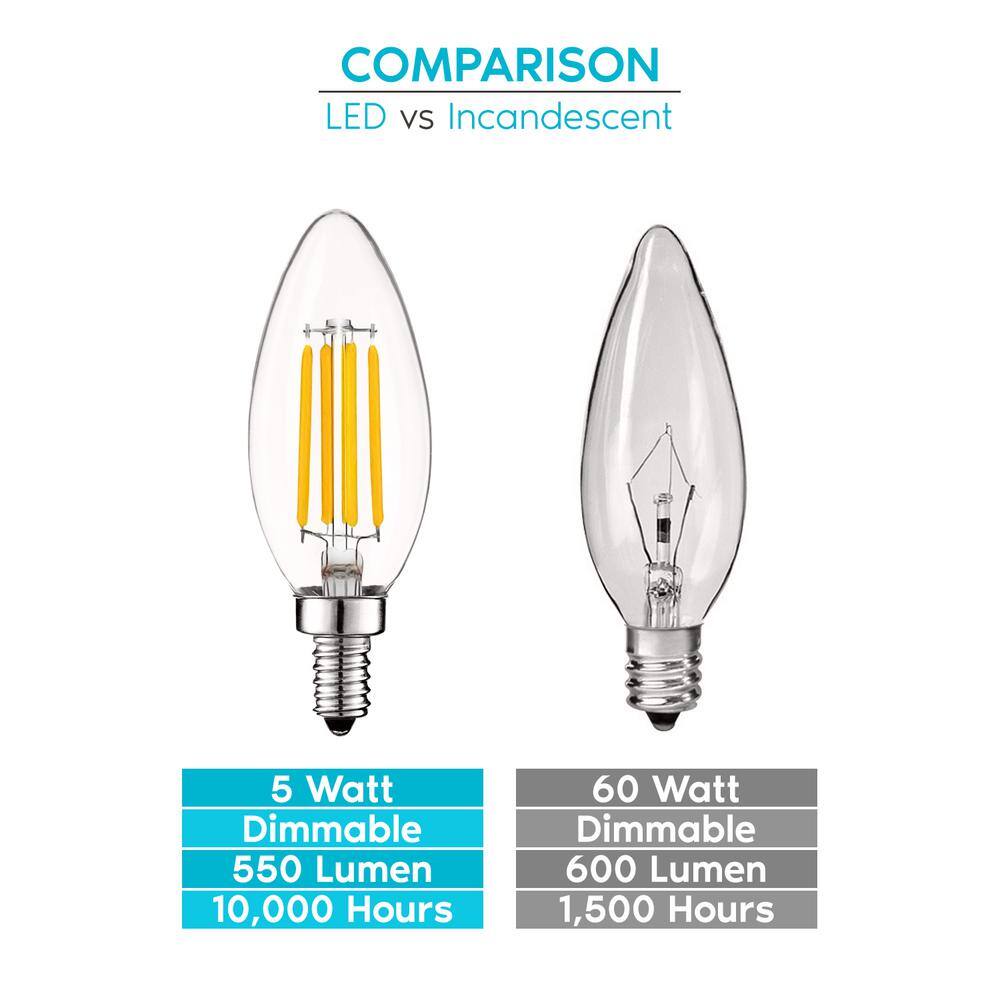 LUXRITE 60-Watt Equivalent B10 Dimmable LED Light Bulbs Clear Glass Filament 2700K Warm White (12-Pack) LR21592-12PK