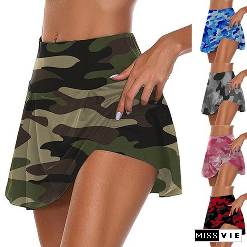 New Summer Women Camouflage Print Double-Layer Athletic Short Skirt Fitness Yoga Skirt Shorts Badminton Breathable Quick Drying Skirts Anti Exposure Tennis Skirt