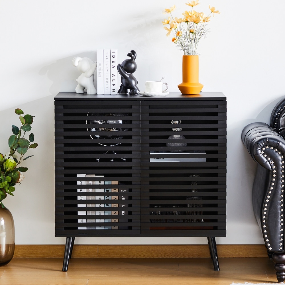 Black Sideboard Buffet Cabinet  Accent Storage Cabinet Kitchen Console Table with 2 Hollowed Out Doors