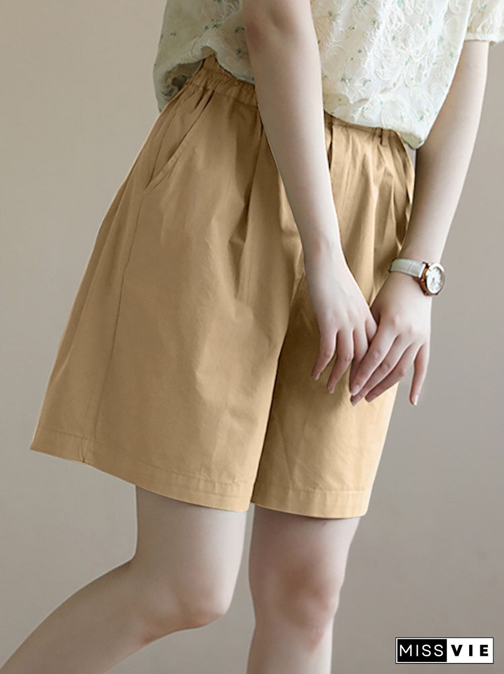 Solid Pocket Elastic Waist Wide Leg Casual Shorts