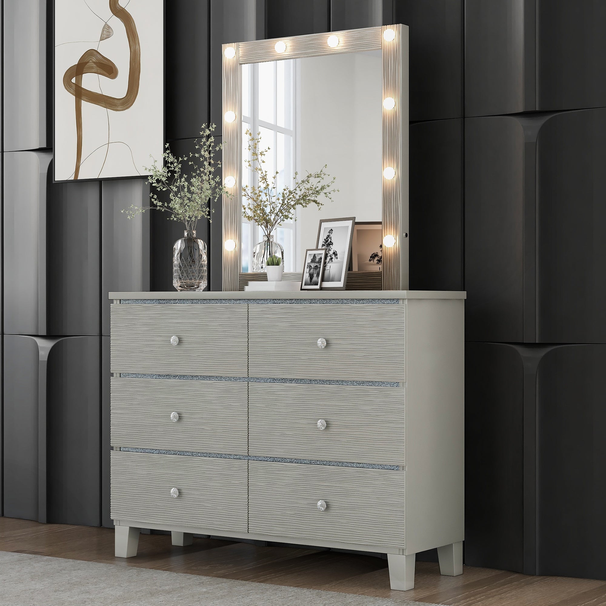 Wood Dresser and Mirror with 6 Drawers，LED Lights Mirror - - 37857321