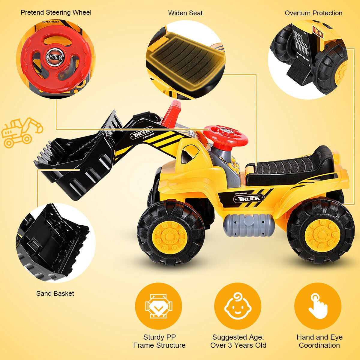 Kids Ride On Construction Bulldozer, Outdoor Digger Scooper Pulling Cart