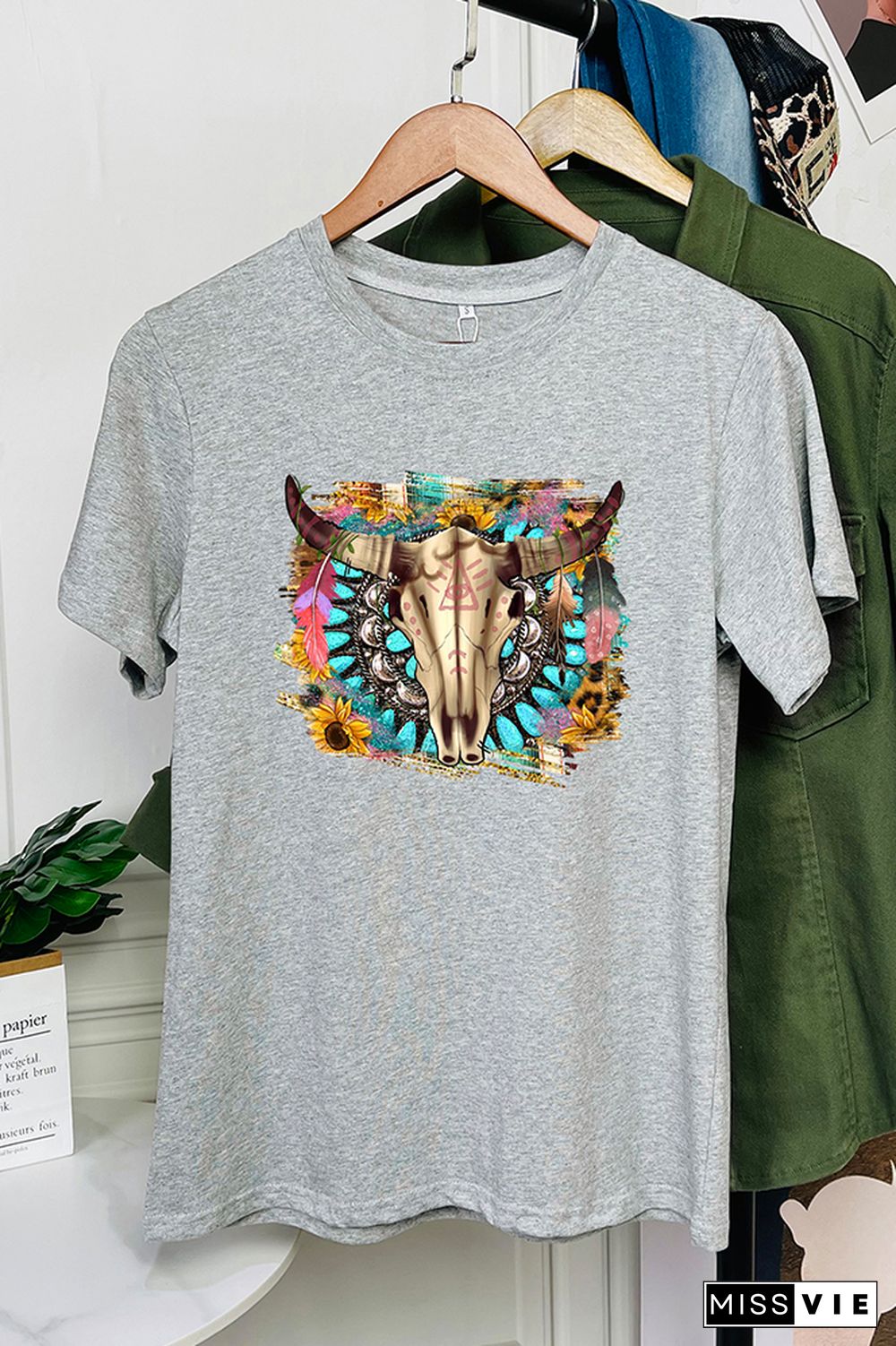 Western Boho Skull Pngturquoise And Leopard Short Sleeve Graphic Tee Wholesale