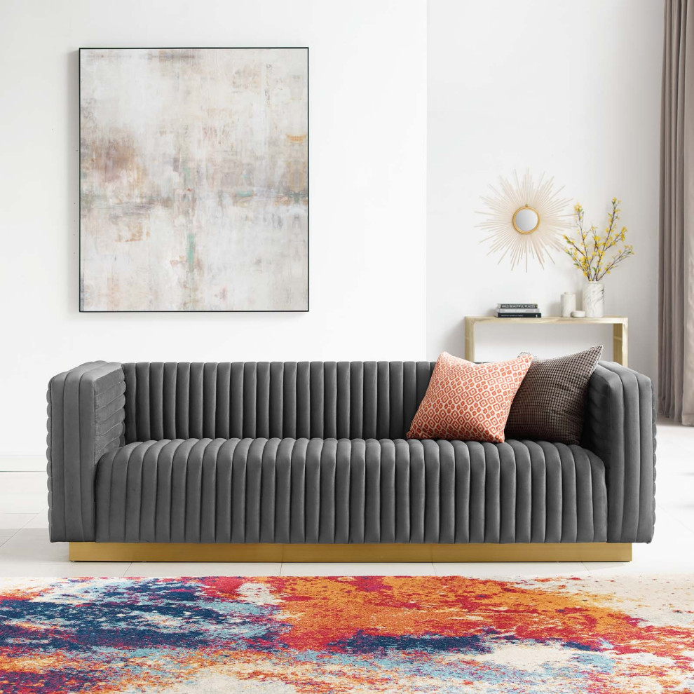 Charisma Channel Tufted Performance Velvet Living Room Sofa   Contemporary   Sofas   by Uber Bazaar  Houzz