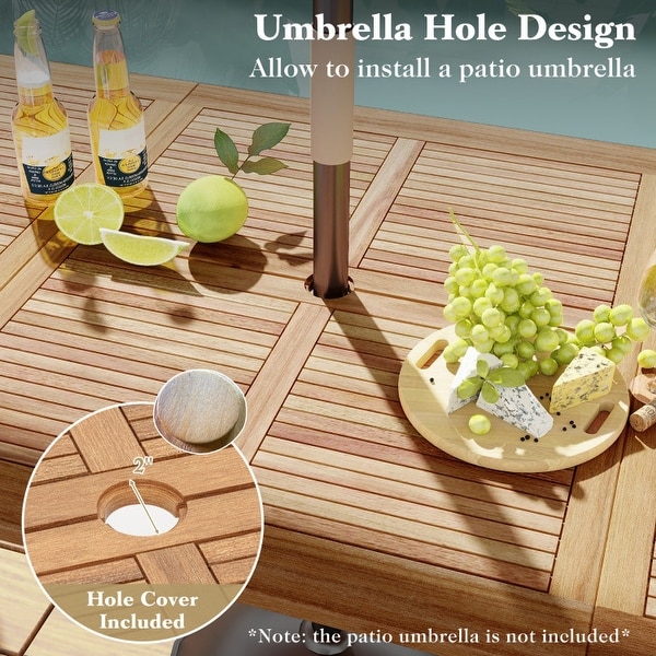 Rectangular Patio Dining Table for 8 with Acacia Wood Tabletop and Umbrella Hole