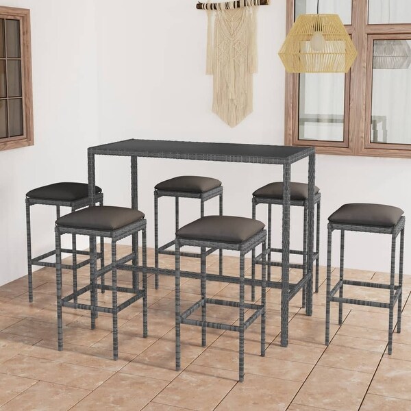 vidaXL 7 Piece Patio Bar Set with Cushions Poly Rattan Gray