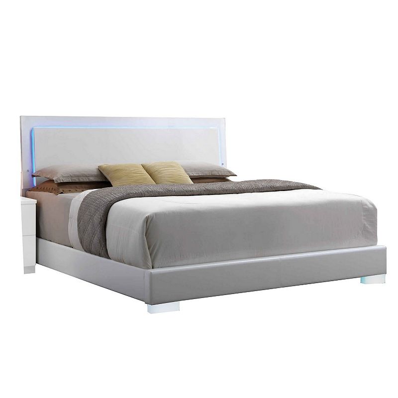 Leatherette Eastern King Bed with LED Panel Headboard and Chrome Legs，White