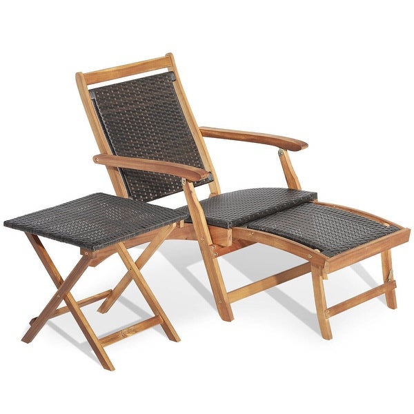 2-Piece Patio Rattan Folding Lounge Chair with Acacia Wood Table