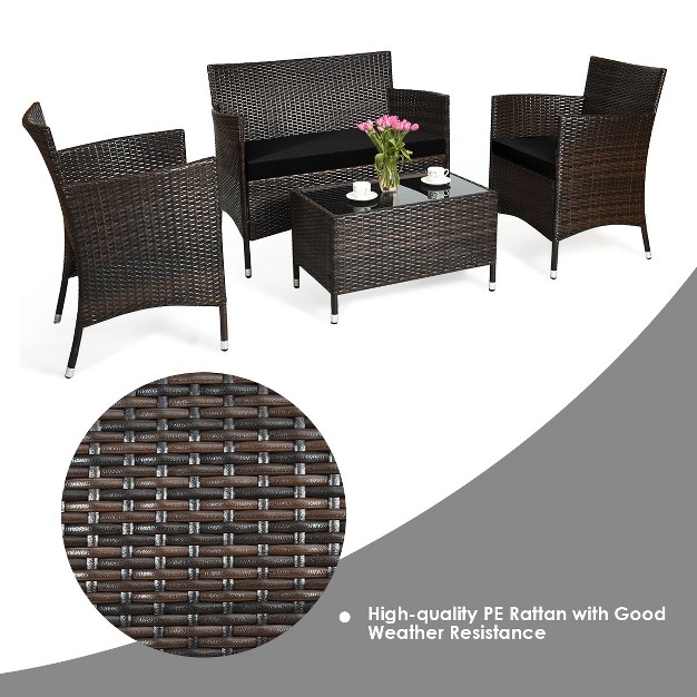 Tangkula 4 piece Patio Rattan Wicker Conversation Furniture Set Sofa Chair Table Set