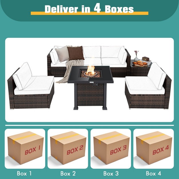 Tangkula Patio Rattan 7pcs Cushioned Chair Set Furniture Set Thick Cushion W 50 000 Btu Propane Fire Pit Table For Garden Black navy red turquoise off White