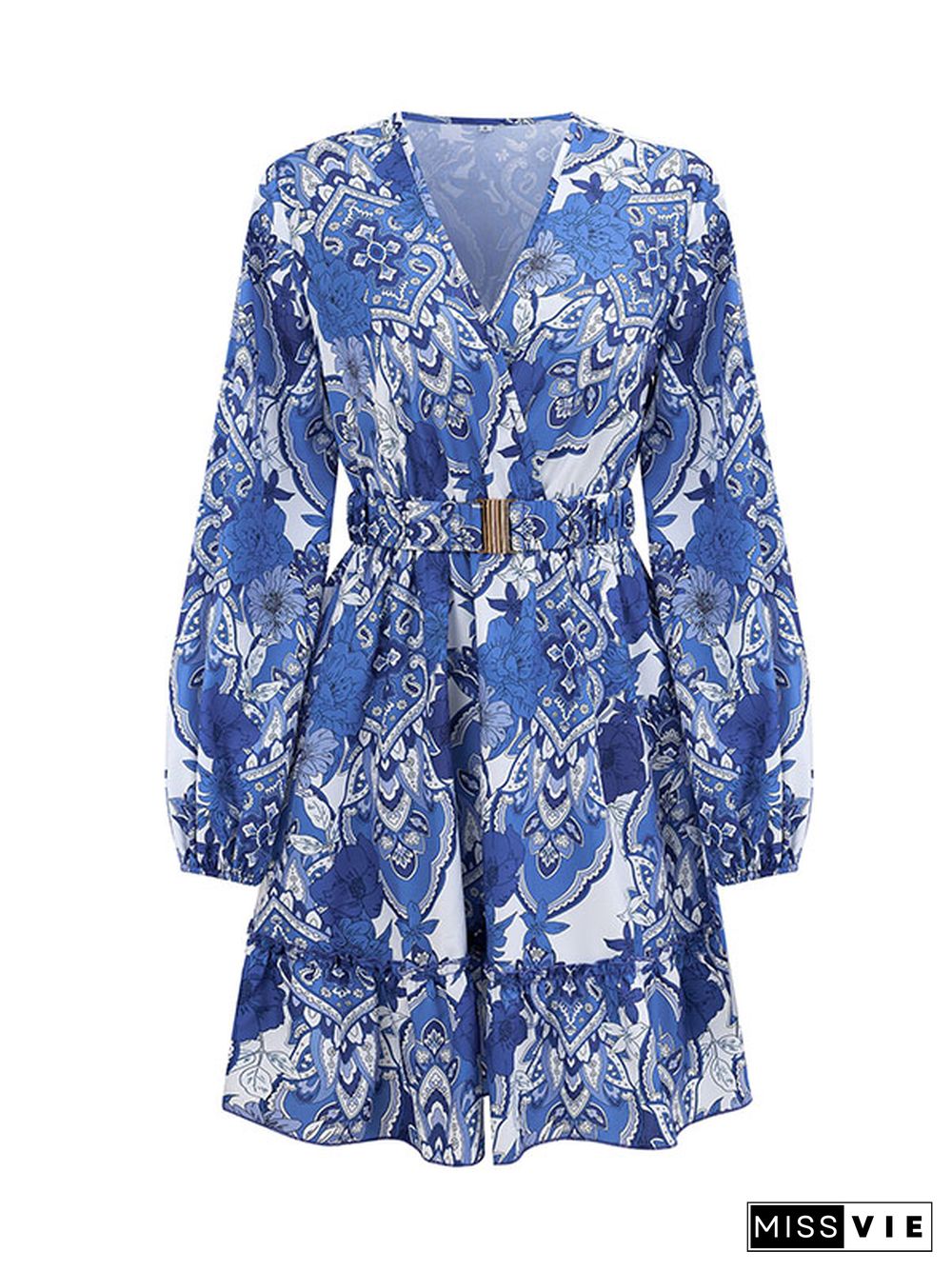 A-line Long Sleeves Belted Flower Print Pleated Split-Joint V-neck Mini Dresses