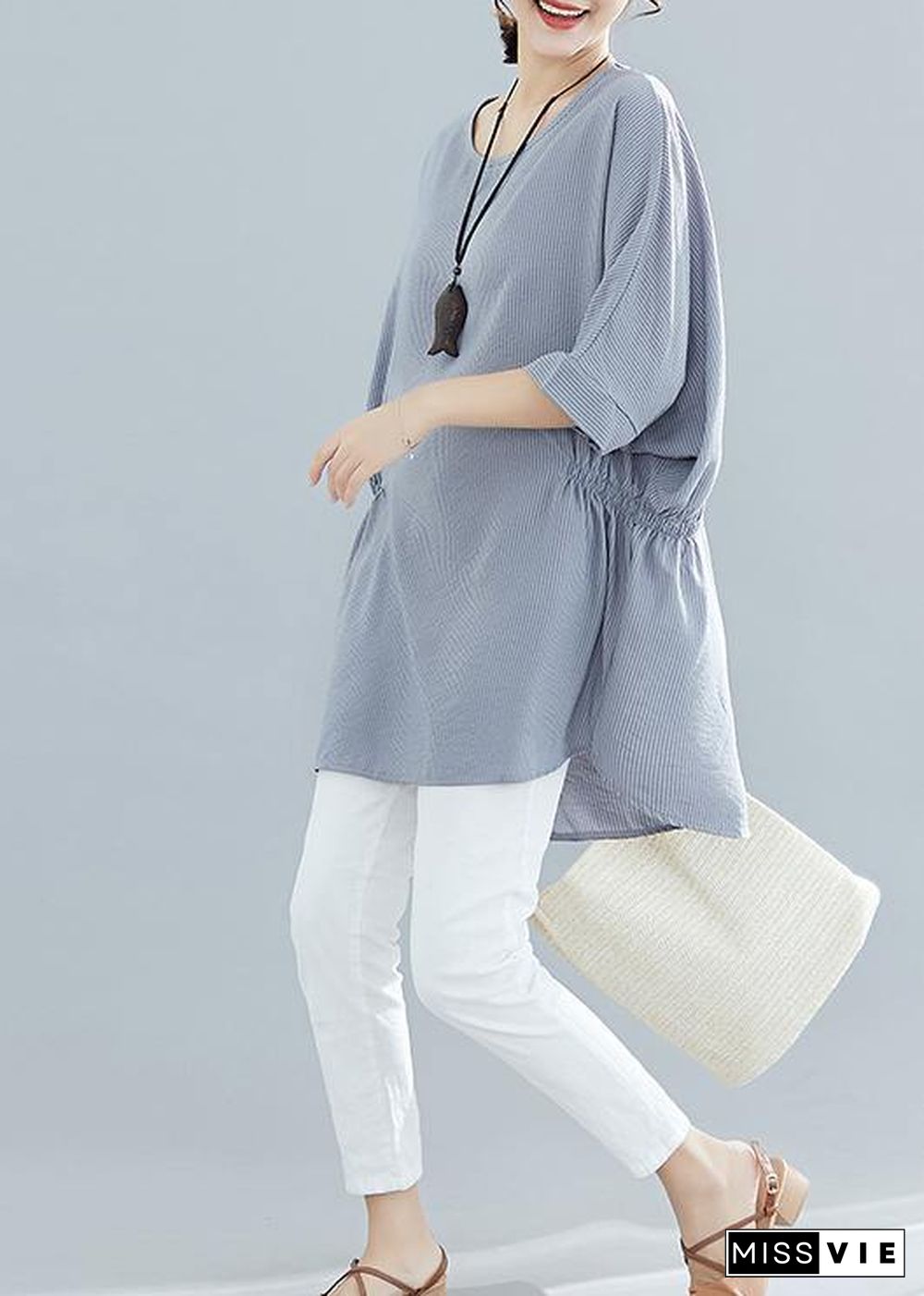 Beautiful gray striped cotton clothes For Women Batwing Sleeve loose summer blouse