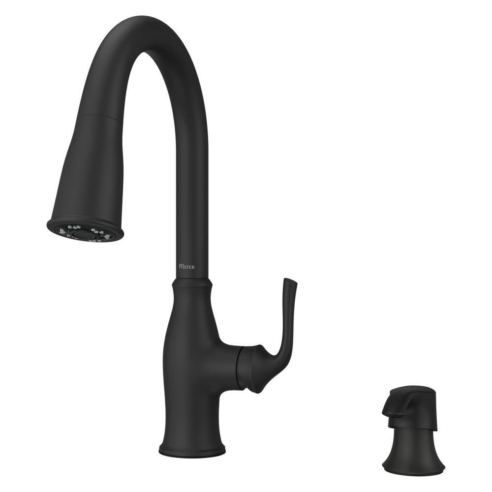 Pfister Rosslyn Single Handle Pull Down Sprayer Kitchen Faucet with Deckplate Included in Matte Black F-529-7RSSRB