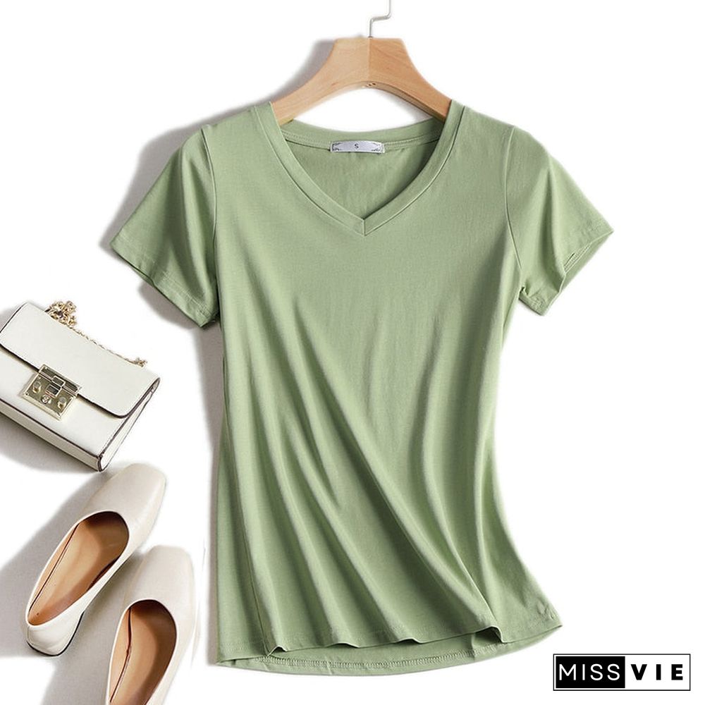 High Quality Plain T Shirt Women Cotton Elastic Basic T-Shirts Summer Tops Short Sleeve T-Shirt Women Tees Plus Size S-5Xl