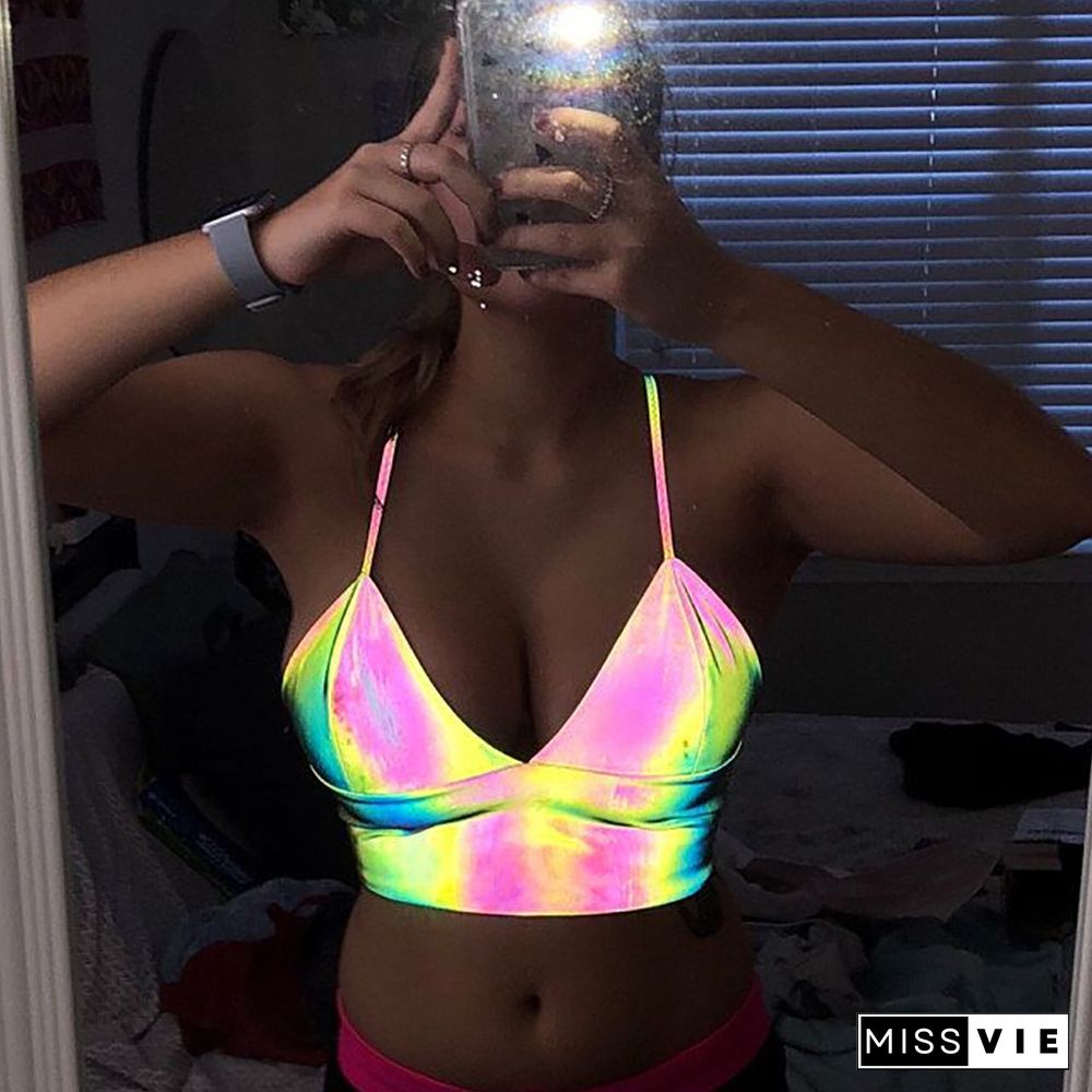 Women V Neck Sexy Holographic Bralette Crop Top Reflective Strap Fashion Camis Hot Summer Sleeveless Backless Tank Tops