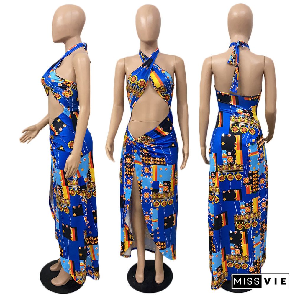 Sexy Print Irregular Cut Out Sleeveless High Slit Maxi Dress