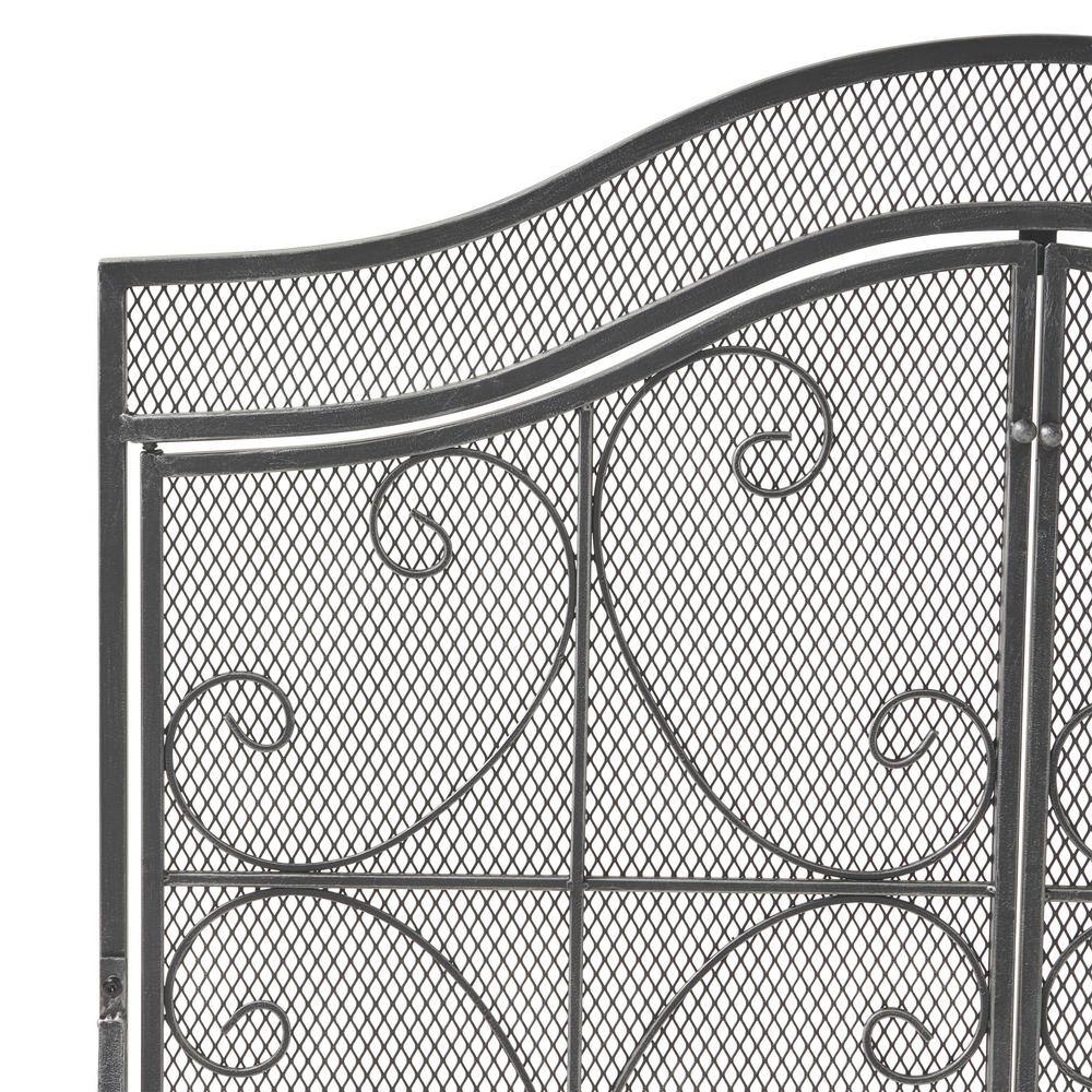 Noble House Pendleton Modern Black and Silver Three Panel Iron Fire Screen with Door 67406