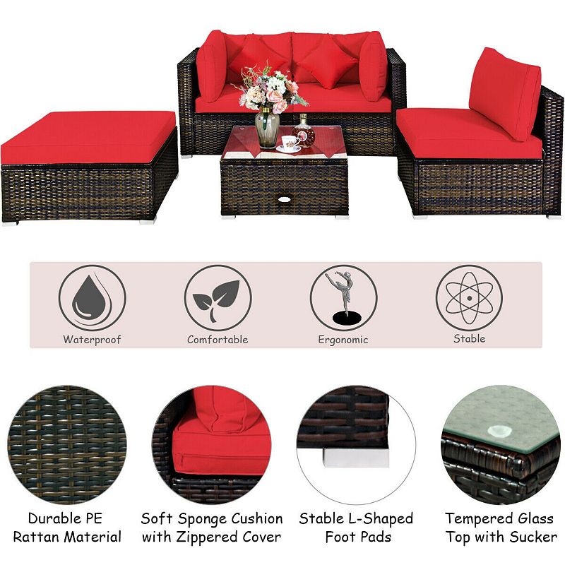 5 Pieces Outdoor Patio Rattan Furniture Set With Cushions