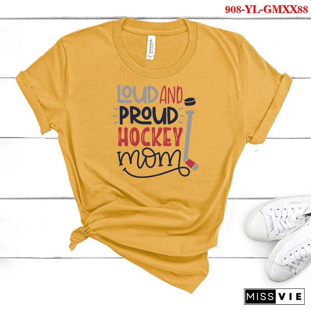 New Women Summer Fashion LOUD AND PROUD HOCKEY MOM Letter Print Short Sleeve T-shirt Casual Tops Tee