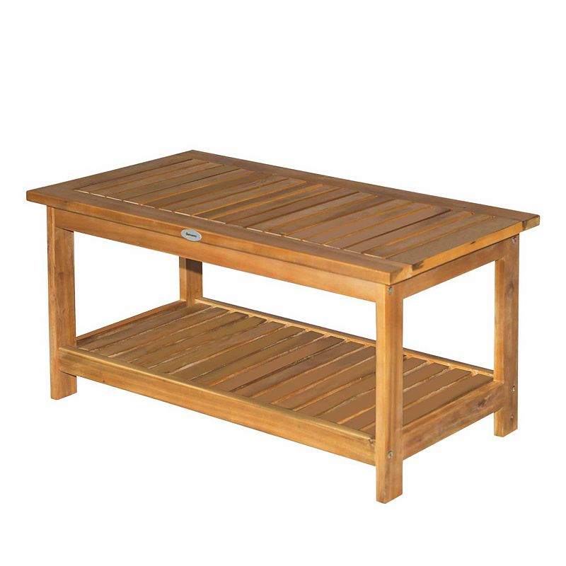 Outsunny Outdoor Coffee Table 2 Shelf Acacia Wood Rectangular Buffet Storage Organizer Natural Finish Teak Patio Deck Lawn Garden 35x17x17