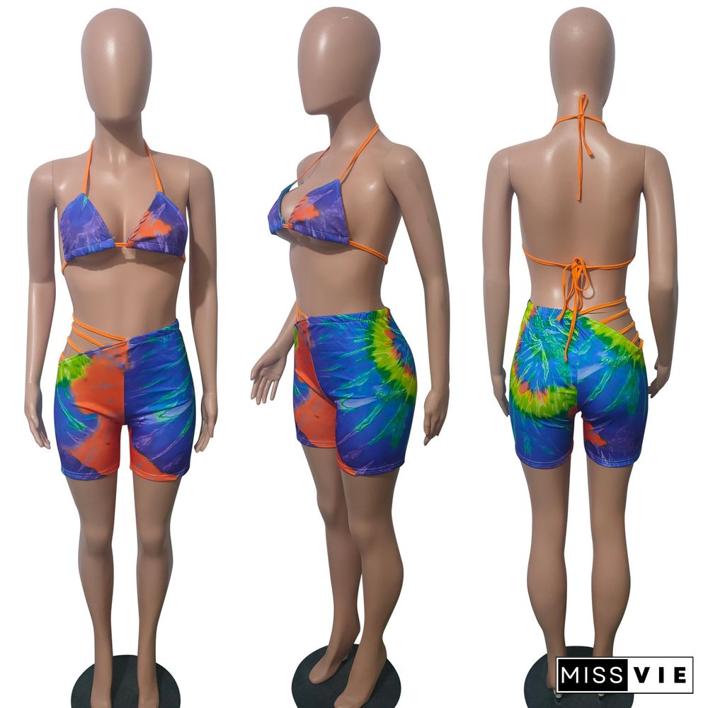 Sexy Tie Dye Print Halter Bra and Shorts Two Piece Set