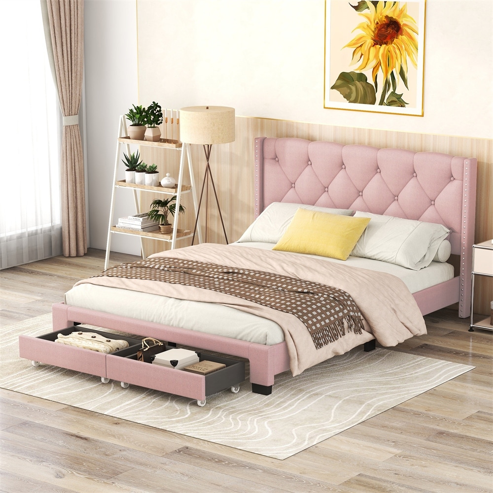 Queen Size Storage Bed Linen Upholstered Platform Bed with Two Drawers