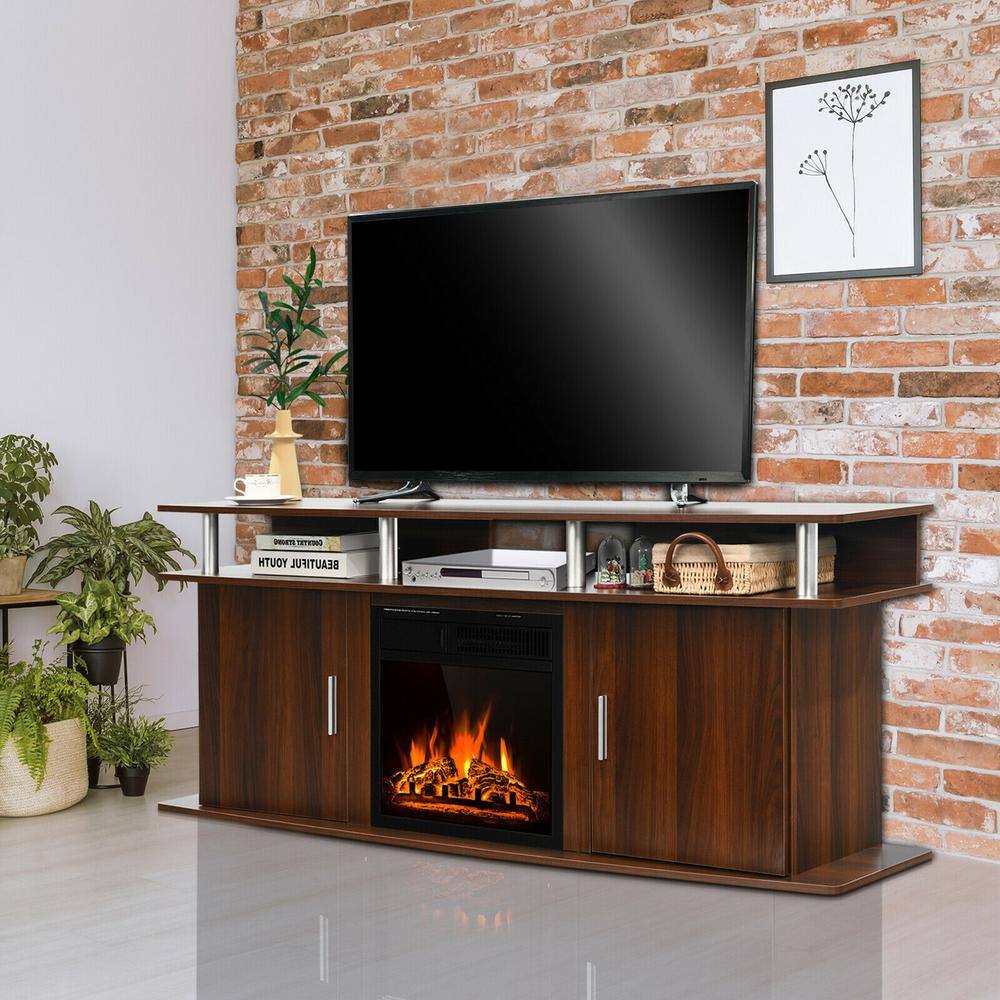 Gymax 63 in. Fireplace TV Stand with 18 in. 1500-Watt Electric Fireplace up to 70 in. Walnut GYM06623