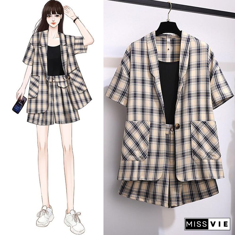 Fashion Plaid Blazer Three-Piece Set P11631