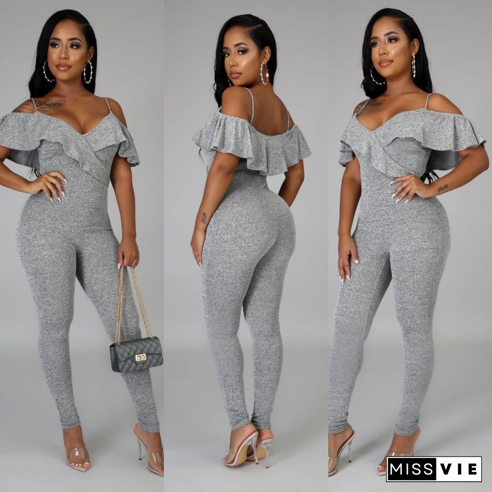 Sexy V-neck Off Shoulder Short Sleeve Flounces Jumpsuit