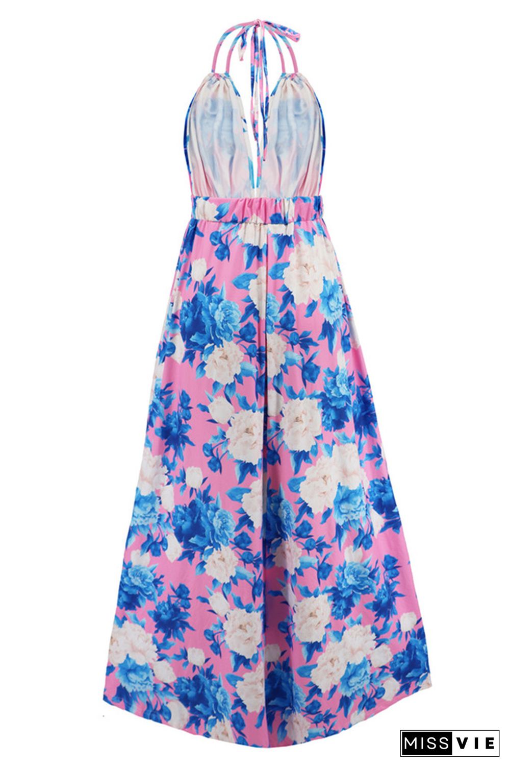 V Neck Halter Backless High Split Floral Maxi Dress