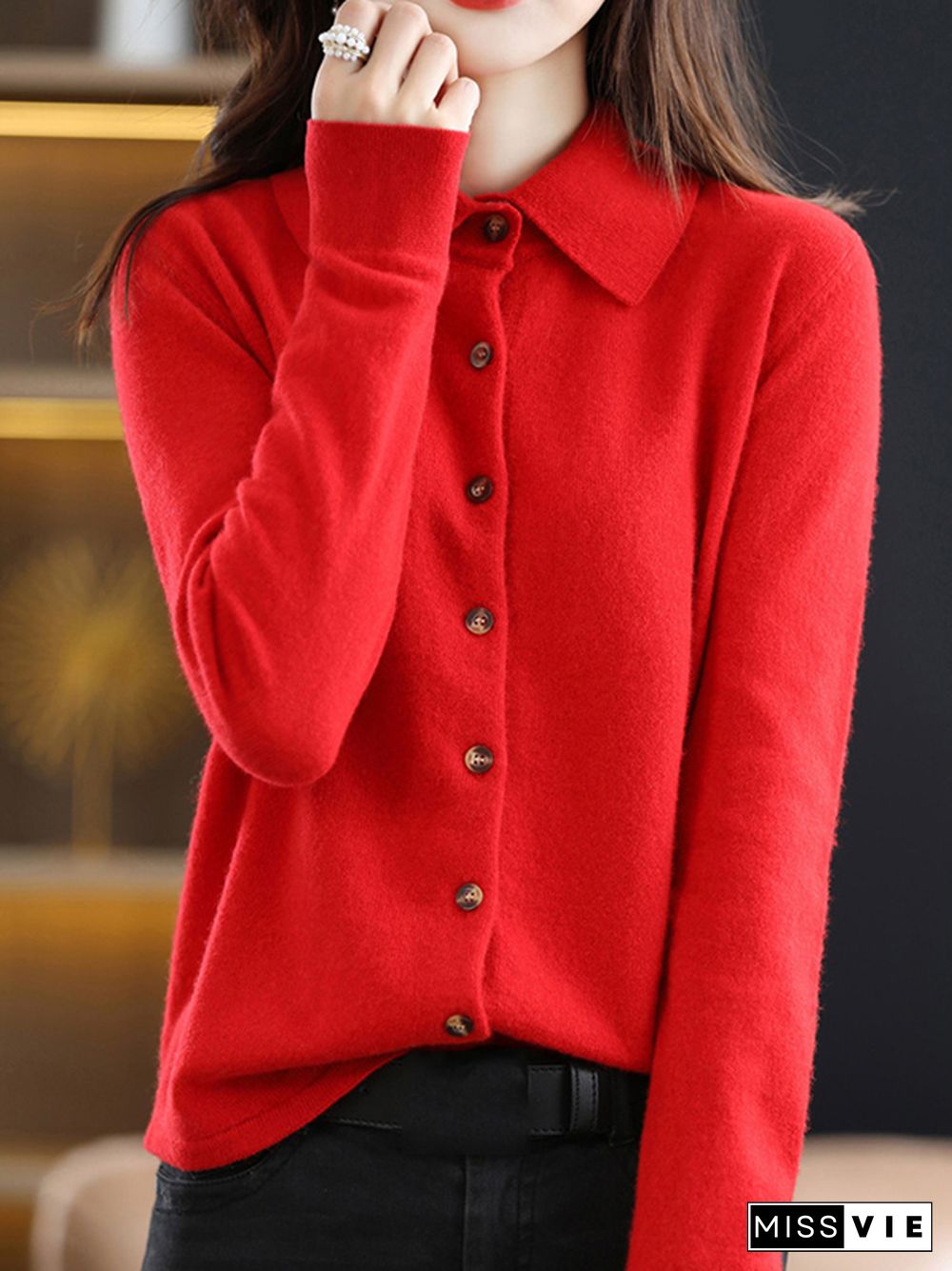 Casual Loose Long Sleeves Buttoned Solid Color Lapel Collar Cardigan Tops