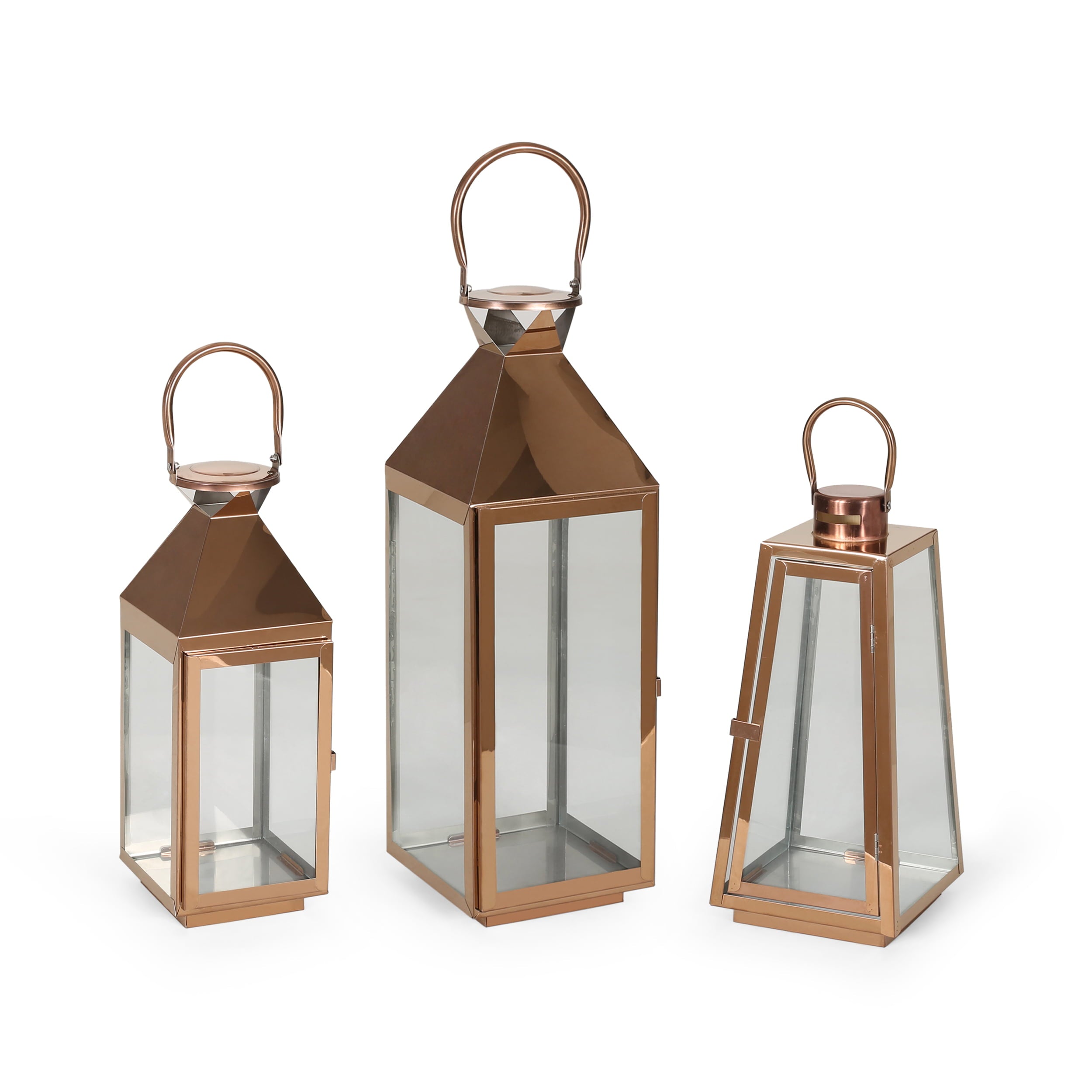 Peregrine Outdoor Stainless Steel Lantern Set， Rose Gold