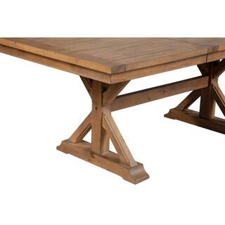 Benjara 42 in. Natural Brown Wood Top Double Pedestal Dining Table with Extendable Leaf and Trestle Base Seats 6 BM283849