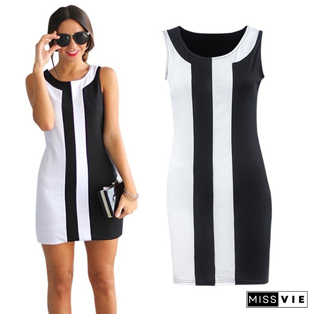 S-5XL Summer Women O-neck Sleeveless Black and White Patchwork Party Mini Dress Bodycon Skirt