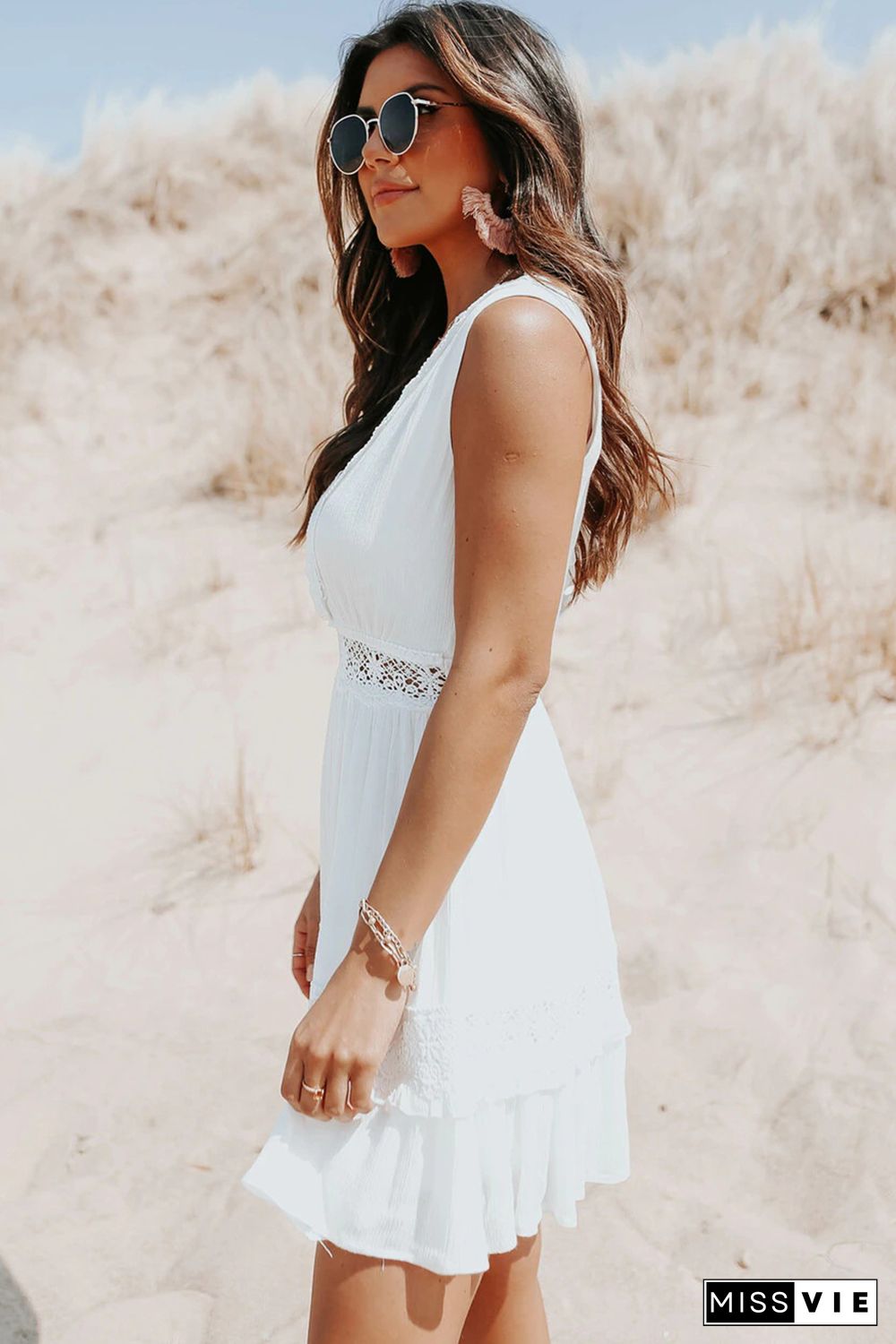 White Lace Crochet Flounce V Neck Sleeveless Mini Dress