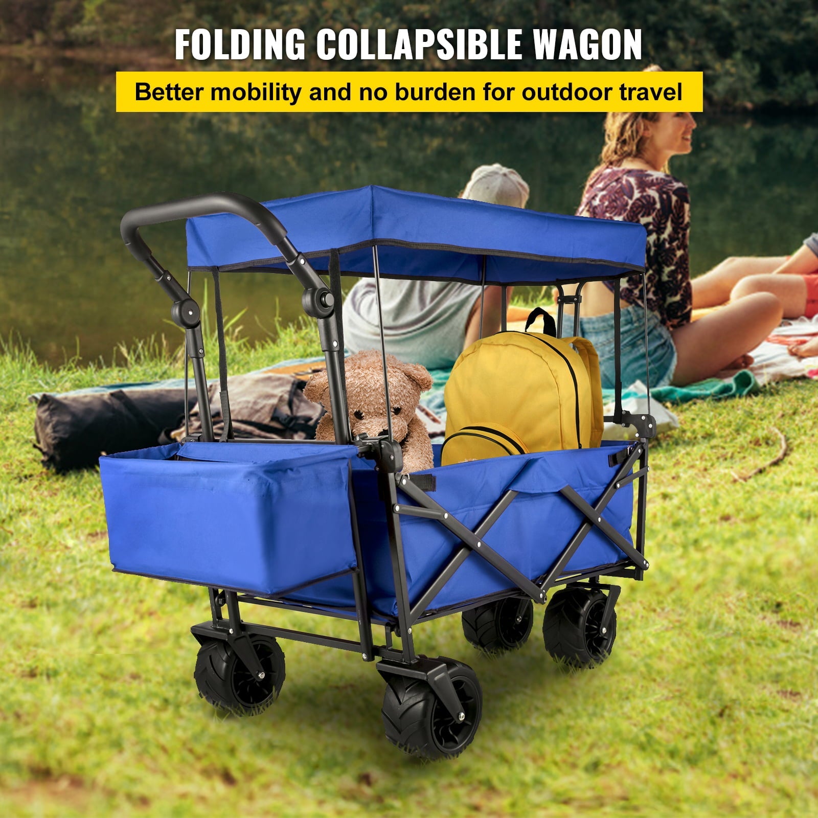 VEVORbrand Collapsible Wagon Cart Blue, Foldable Wagon Cart Removable Canopy 600D Oxford Cloth, Collapsible Wagon Oversized Wheels, Portable Folding Wagon Adjustable Handles, Beach, Garden, Sports