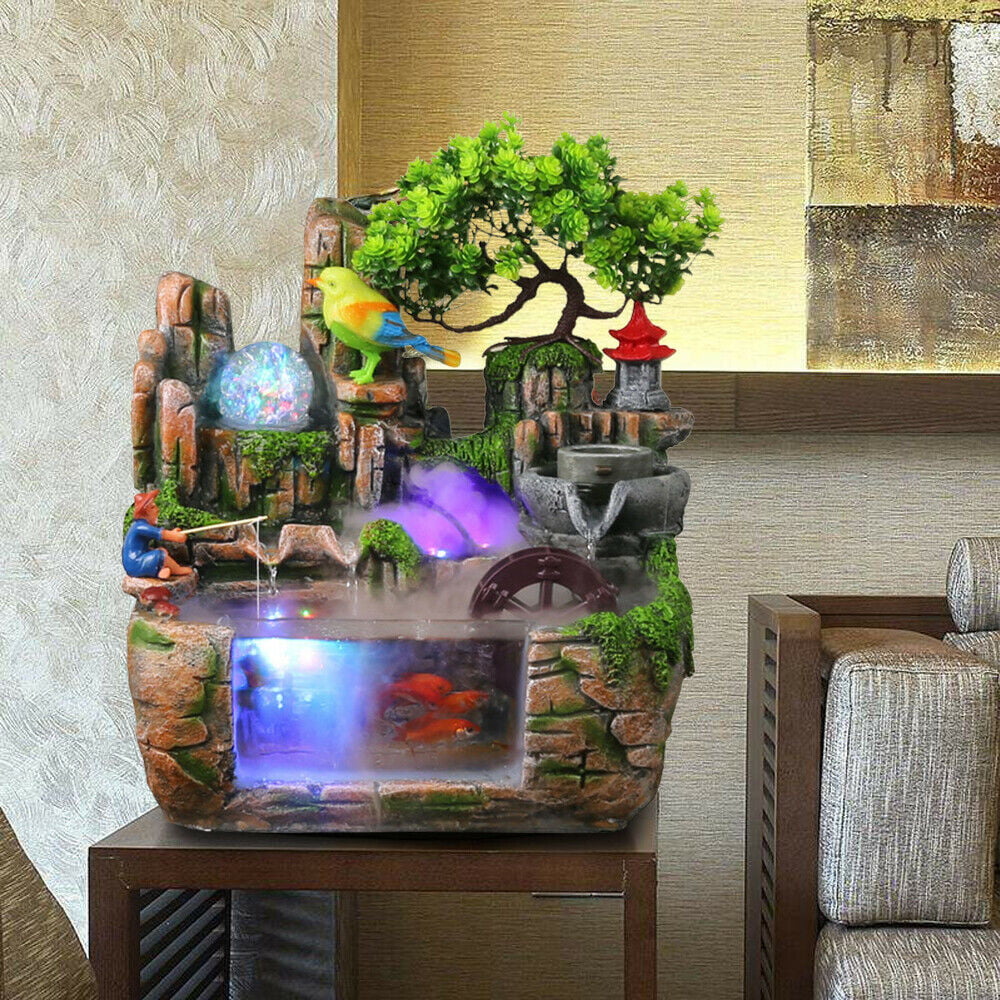 LED Rockery Fountain Waterfall Fengshui Desktop Water Sound Indoor Decor 110V US