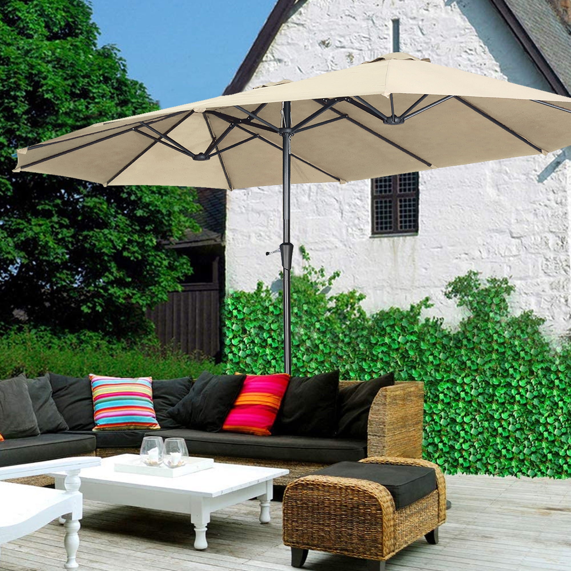 Autlaycil 15FT without lights Patio Umbrellas Double-Sided Outdoor Market Extra Large Umbrella with Crank-Khaki