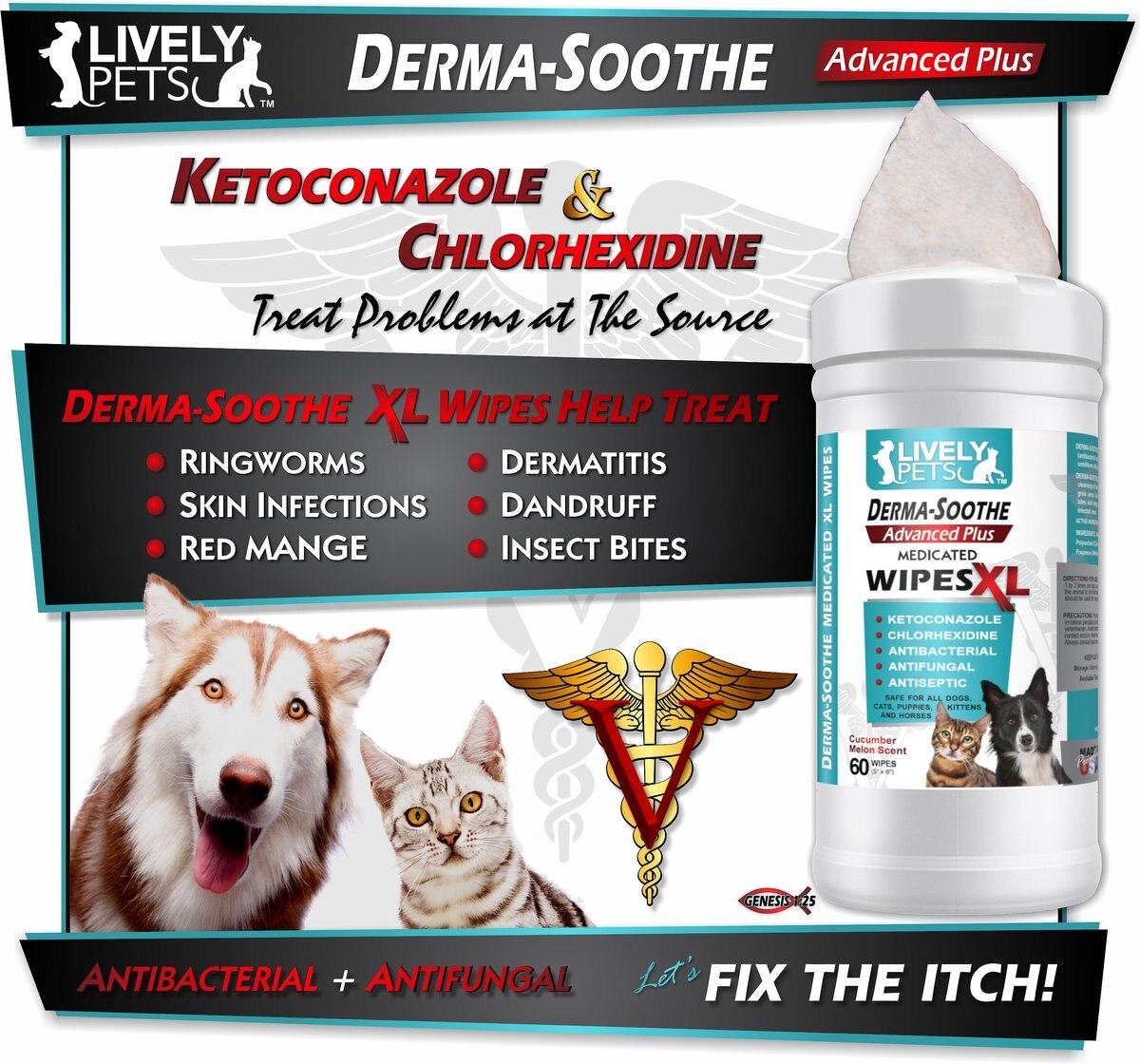 Lively Pets Derma-Soothe Advance Plus Medicated Dog and Cat Wipes